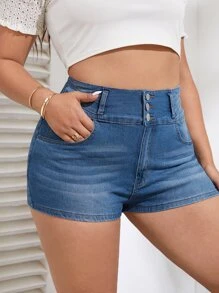 SHEIN Essnce Shorts en mezclilla bajo crudo desgarro - Azul lavado medio - Ver 4