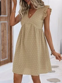SHEIN VCAY Swiss Dot Ruffle Trim Smock Dress - Khaki - View 4