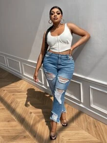 SHEIN SXY Plus Ripped Raw Hem Skinny Jeans - Light Wash - View 5