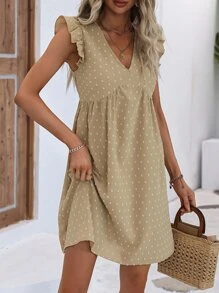 SHEIN VCAY Swiss Dot Ruffle Trim Smock Dress - Khaki - View 5