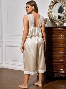 Plus Contrast Lace Satin PJ Set - Champagne - View 2