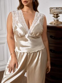 Plus Contrast Lace Satin PJ Set - Champagne - View 3