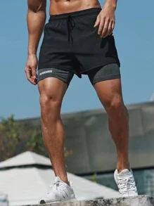 Men Letter Graphic Drawstring Waist 2 In 1 Sports Shorts - Black - View 1