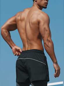 Men Letter Graphic Drawstring Waist 2 In 1 Sports Shorts - Black - View 2