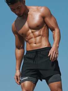 Men Letter Graphic Drawstring Waist 2 In 1 Sports Shorts - Black - View 3