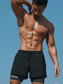 Men Letter Graphic Drawstring Waist 2 In 1 Sports Shorts - Black - View 4