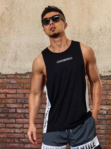 Men Letter Graphic Contrast Side Seam Sports Tank Top - Black - View 1