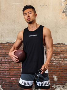 Men Letter Graphic Contrast Side Seam Sports Tank Top - Black - View 3