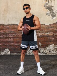 Men Letter Graphic Contrast Side Seam Sports Tank Top - Black - View 5
