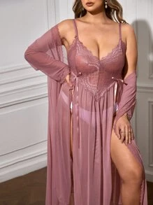 Plus Bow Detail Split Thigh Contrast Lace Mesh PJ Set - Dusty Pink - View 1