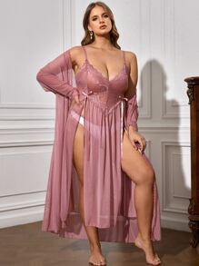 Plus Bow Detail Split Thigh Contrast Lace Mesh PJ Set - Dusty Pink - View 2