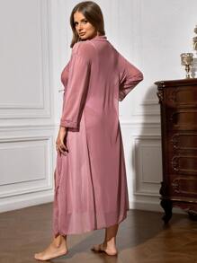 Plus Bow Detail Split Thigh Contrast Lace Mesh PJ Set - Dusty Pink - View 3