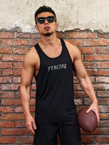 Men Letter Graphic Sports Tank Top - Black - View 1