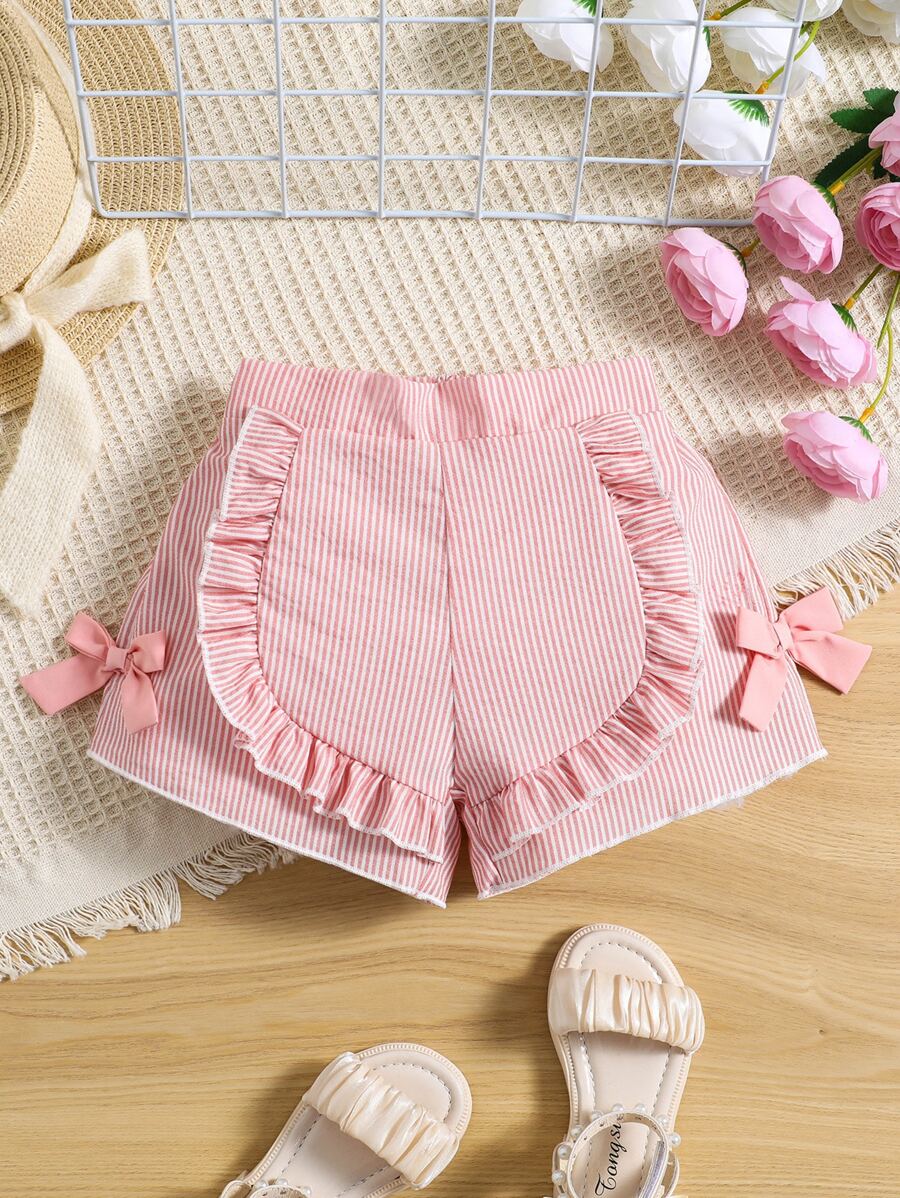 SHEIN Pantalones cortos elegantes simples ocasionales rayados rosados de la chica joven para el verano - Rosa Pálido - Ver 1