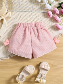 SHEIN Pantalones cortos elegantes simples ocasionales rayados rosados de la chica joven para el verano - Rosa Pálido - Ver 2