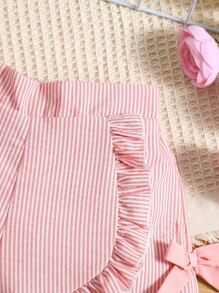 SHEIN Pantalones cortos elegantes simples ocasionales rayados rosados de la chica joven para el verano - Rosa Pálido - Ver 3