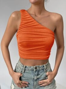 SHEIN Privé Top crop de un hombro fruncido - Naranja - Ver 1