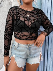 Calvaya Top con estampado geométrico crop de malla sin sujetador - Negro - Ver 1