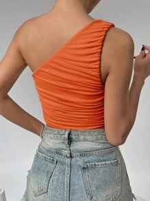 SHEIN Privé Top crop de un hombro fruncido - Naranja - Ver 2