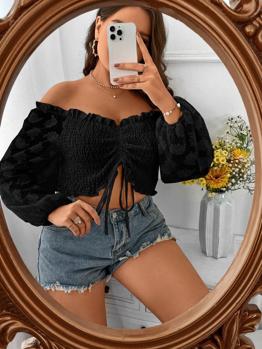 SHEIN Holidaya Plus Off Shoulder Drawstring Front Frill Trim Crop Top - Black - View 1