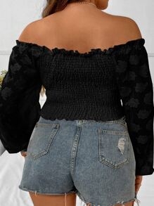 SHEIN Holidaya Plus Off Shoulder Drawstring Front Frill Trim Crop Top - Black - View 2