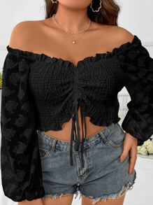 SHEIN Holidaya Plus Off Shoulder Drawstring Front Frill Trim Crop Top - Black - View 3