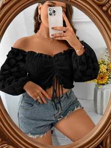SHEIN Holidaya Plus Off Shoulder Drawstring Front Frill Trim Crop Top - Black - View 4