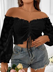 SHEIN Holidaya Plus Off Shoulder Drawstring Front Frill Trim Crop Top - Black - View 5