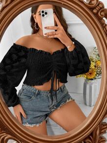 SHEIN Holidaya Plus Off Shoulder Drawstring Front Frill Trim Crop Top - Black - View 6