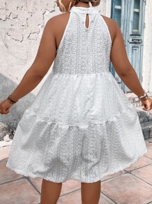 Breezaya Plus Keyhole Neckline Eyelet Embroidery Ruffle Hem Halter Dress