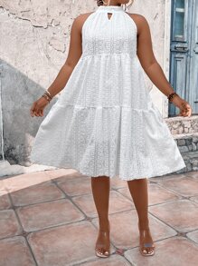 Breezaya Plus Keyhole Neckline Eyelet Embroidery Ruffle Hem Halter Dress