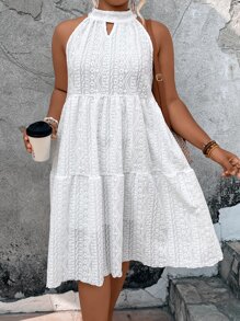 Breezaya Plus Keyhole Neckline Eyelet Embroidery Ruffle Hem Halter Dress