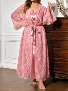 de peluche puño con cinturón con encaje Bata & de satén Vestido de tirantes Set - Rosa vieja - Ver 1