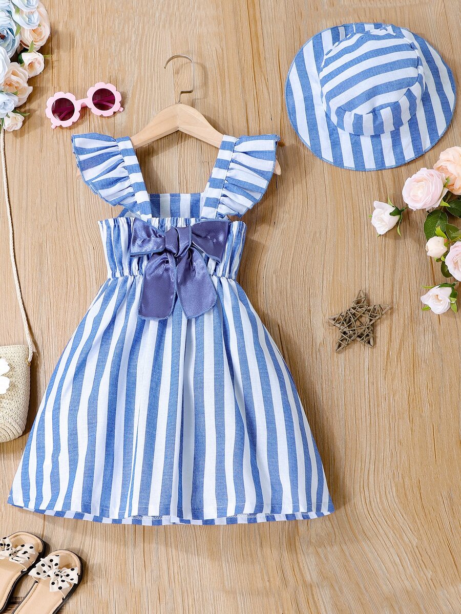 SHEIN Đầm bé gái Nơ Bướm Xù Sọc Dễ thương - Xanh và trắng - Xem 1