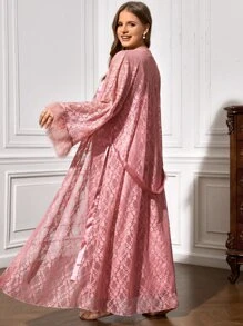 de peluche puño con cinturón con encaje Bata & de satén Vestido de tirantes Set - Rosa vieja - Ver 2