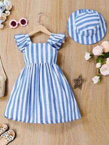 SHEIN Đầm bé gái Nơ Bướm Xù Sọc Dễ thương - Xanh và trắng - Xem 2