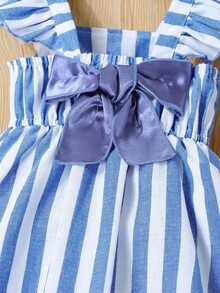 SHEIN Đầm bé gái Nơ Bướm Xù Sọc Dễ thương - Xanh và trắng - Xem 3