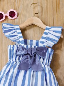 SHEIN Đầm bé gái Nơ Bướm Xù Sọc Dễ thương - Xanh và trắng - Xem 5