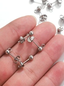 10pcs 0.4cm Stainless Steel Ball Stud Earrings With Loop Diy Jewelry Making Accessories - Silver - View 3