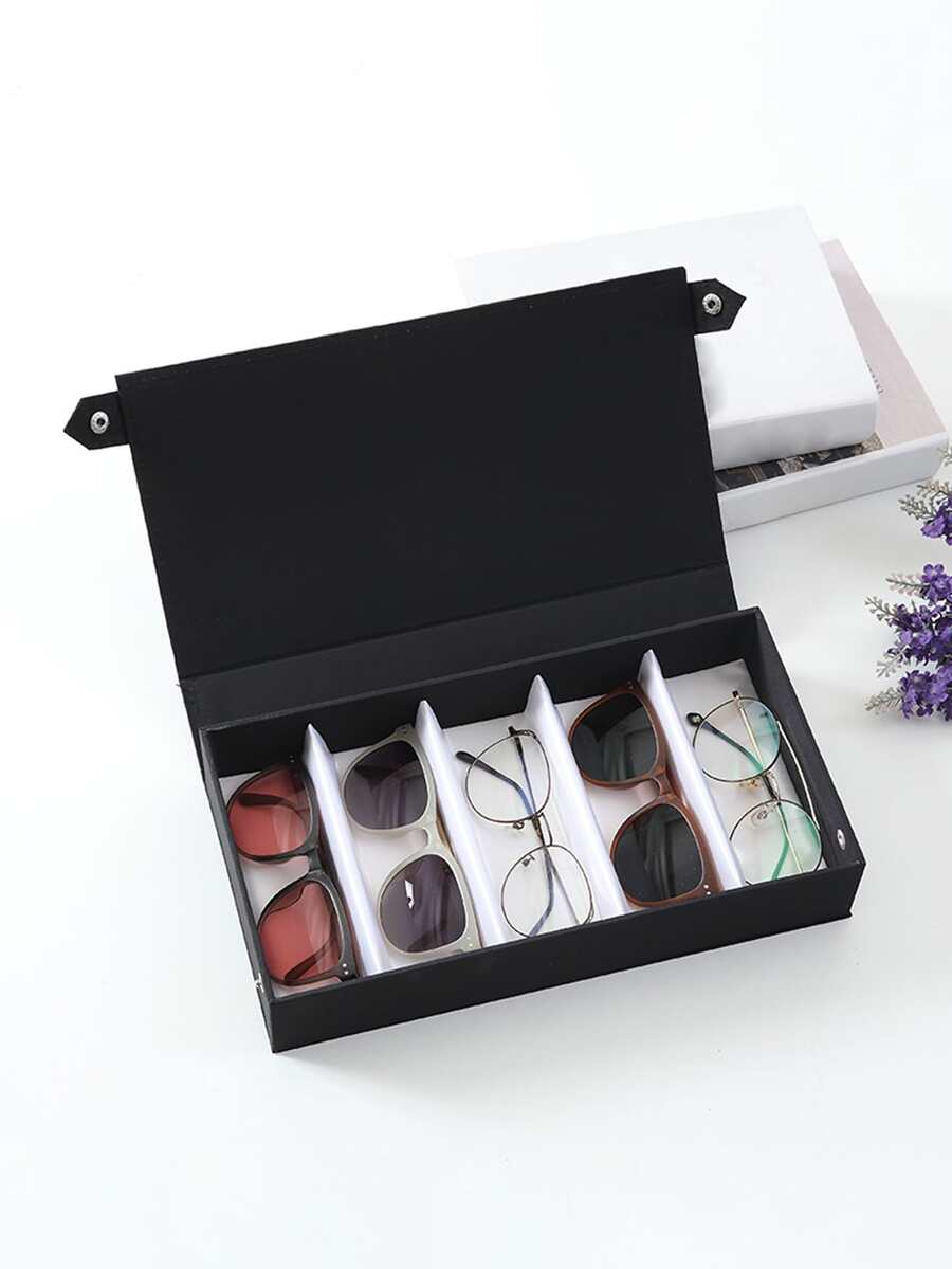 1pc PU Glasses Storage Box, Solid Color Black Multi-grid Display Rack For Home - Black - View 1