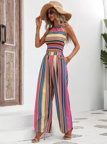 Breezaya Top halter con estampado de rayas & Pantalones de pierna ancha - Multicolor - Ver 1