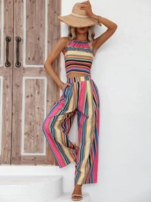 Breezaya Top halter con estampado de rayas & Pantalones de pierna ancha - Multicolor - Ver 4