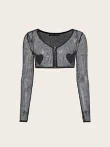 SHEIN ICON Rave Top corto con cremallera y parche de corazón - Negro - Ver 9