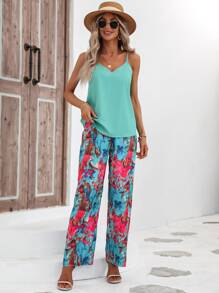 Breezaya 素色吊帶上衣和滿版印花闊腿褲 - 彩色 - 查看 4