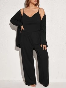 unicolor Top de tirantes con pantalones & Bata Conjunto de pijama - Negro - Ver 1