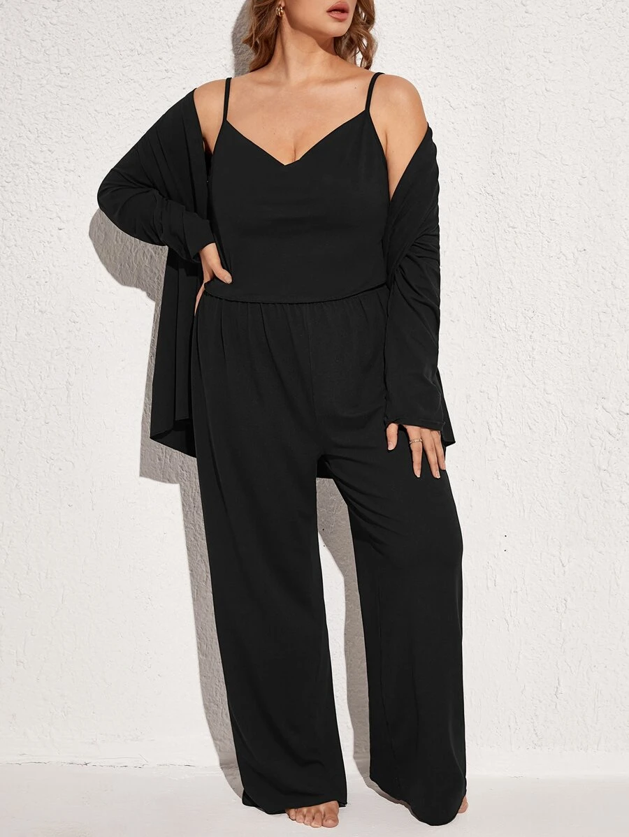 unicolor Top de tirantes con pantalones & Bata Conjunto de pijama - Negro - Ver 1