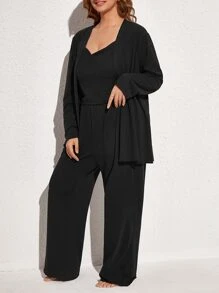 unicolor Top de tirantes con pantalones & Bata Conjunto de pijama - Negro - Ver 2