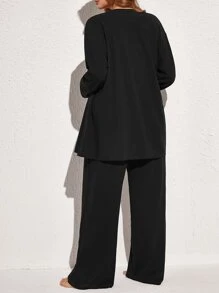 unicolor Top de tirantes con pantalones & Bata Conjunto de pijama - Negro - Ver 3