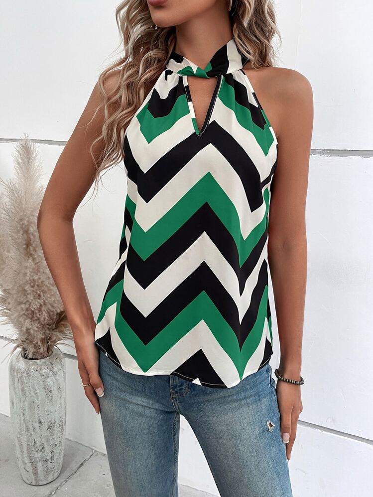 SHEIN Clasi Blusa con estampado de cheurón de cuello con abertura de ojo - Multicolor - Ver 3