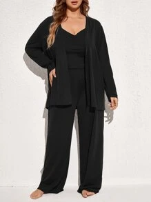 unicolor Top de tirantes con pantalones & Bata Conjunto de pijama - Negro - Ver 6